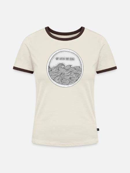 Kreiswellen: Go with the Flow - Frauen Kontrast-T-Shirt - Off-White/Dunkelbraun