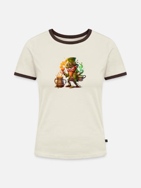 Grinsender Leprechaun Kobold - Frauen Kontrast-T-Shirt - Off-White/Dunkelbraun
