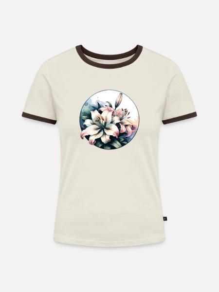 Lilien gezeichnet - Frauen Kontrast-T-Shirt - Off-White/Dunkelbraun