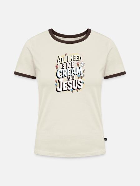 Creme und Jesus Inspirierendes T-Shirt - Frauen Kontrast-T-Shirt - Off-White/Dunkelbraun