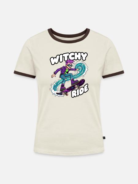 Witchy Ride Skateboard-Animation - Frauen Kontrast-T-Shirt - Off-White/Dunkelbraun