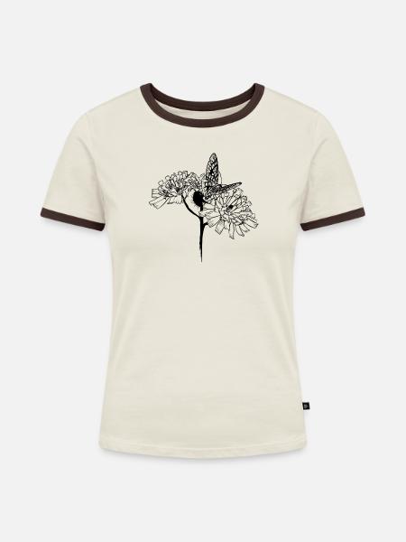 Schmetterling auf Blüten - Frauen Kontrast-T-Shirt - Off-White/Dunkelbraun