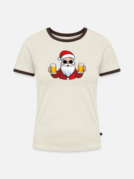 Cooler Weihnachtsmann mit Bier - Frauen Kontrast-T-Shirt - Off-White/Dunkelbraun