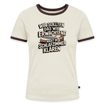 Erwachsene Humor Spruch – Im Schlafzimmer klären - Frauen Kontrast-T-Shirt - Off-White/Dunkelbraun - Vorne - AI Model Female 172 dark (172cm)