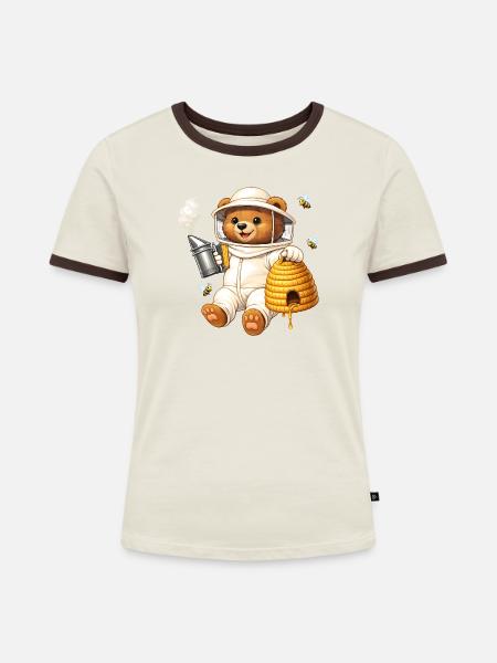 Imker Bär mit Bienenkorb Illustration - Frauen Kontrast-T-Shirt - Off-White/Dunkelbraun