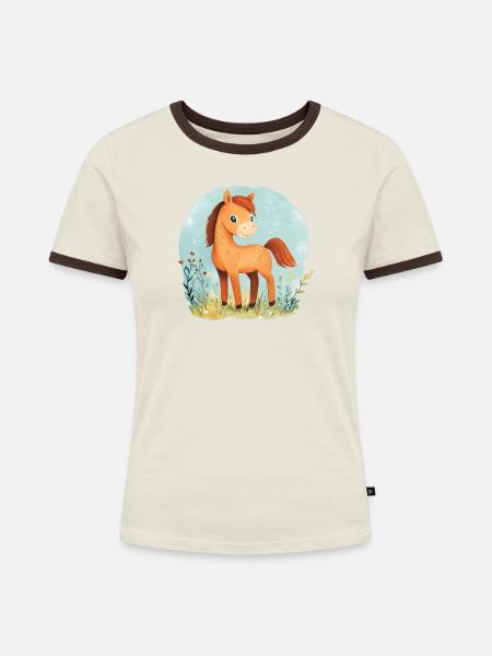 Pferd auf Wiese - Frauen Kontrast-T-Shirt - Off-White/Dunkelbraun