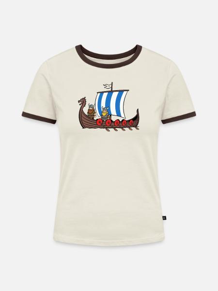 Wikinger Boot - Frauen Kontrast-T-Shirt - Off-White/Dunkelbraun