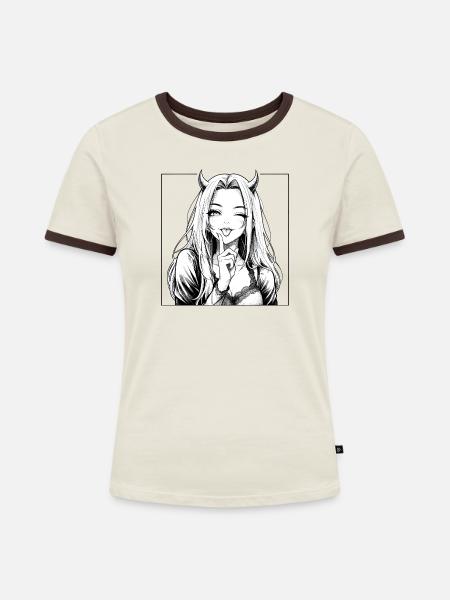 Demonische Manga-Diva mit Hörnern - Frauen Kontrast-T-Shirt - Off-White/Dunkelbraun