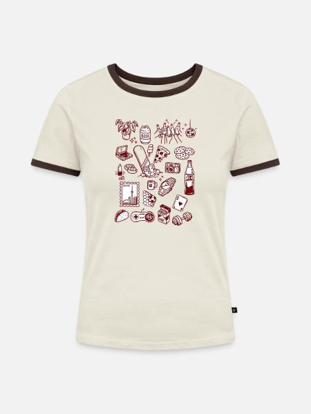 Nachtleben Snack-Doodle-Mashup - Frauen Kontrast-T-Shirt - Off-White/Dunkelbraun