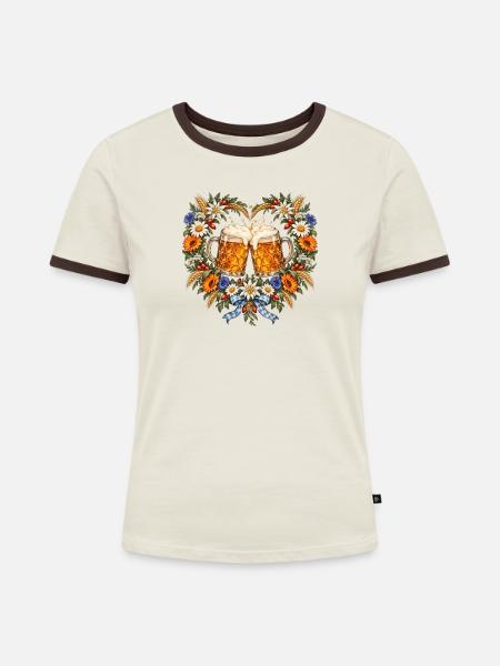 Bierkrüge im Blumenherz – Prost Volksfest - Frauen Kontrast-T-Shirt - Off-White/Dunkelbraun