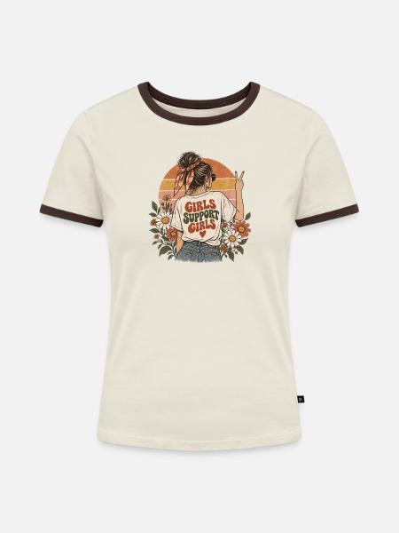 "Girls Support Girls" - Frauen Kontrast-T-Shirt - Off-White/Dunkelbraun