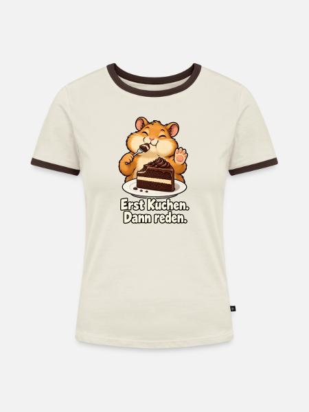 Kuchen statt Smalltalk - Frauen Kontrast-T-Shirt - Off-White/Dunkelbraun