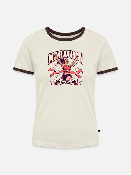 Marathonläuferin im Ziel - Frauen Kontrast-T-Shirt - Off-White/Dunkelbraun