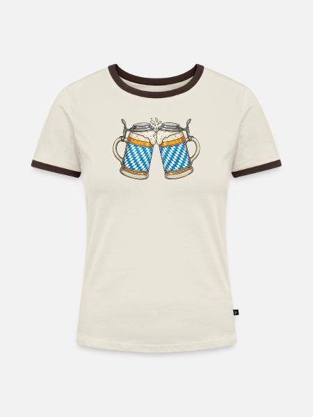 Prost Bayerische Bierkrüge - Frauen Kontrast-T-Shirt - Off-White/Dunkelbraun