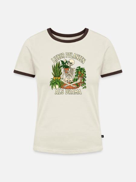 Lieber Pflanzen als Drama  - Frauen Kontrast-T-Shirt - Off-White/Dunkelbraun