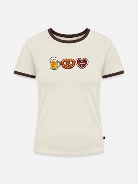 Bier Brezel & Lebkuchenherz –  Volksfest Motiv - Frauen Kontrast-T-Shirt - Off-White/Dunkelbraun