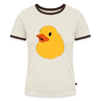 Ente, Quietscheente, Badeente, Popart Ente - Frauen Kontrast-T-Shirt - Off-White/Dunkelbraun - Vorne - AI Model Female 172 dark (172cm)