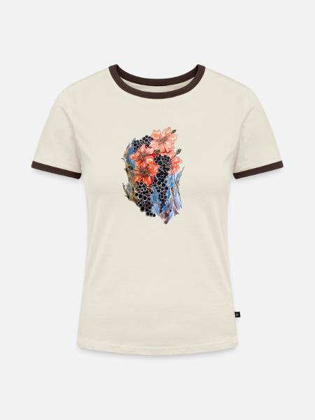 Rote Mohnblüten mit Blaubeer-Ranke - Frauen Kontrast-T-Shirt - Off-White/Dunkelbraun