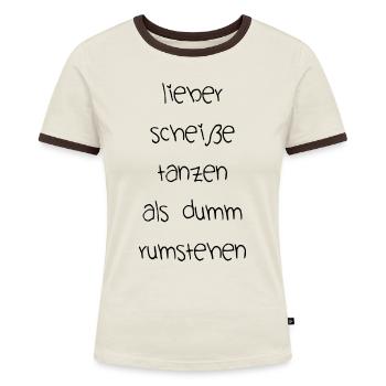 Party tanzen feiern fiesta lustiger Spruch Schrift - Frauen Kontrast-T-Shirt - Off-White/Dunkelbraun - Vorne - AI Model Female 172 dark (172cm)