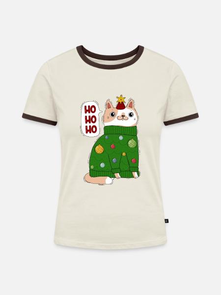 Katze im Weihnachtspullover - Frauen Kontrast-T-Shirt - Off-White/Dunkelbraun