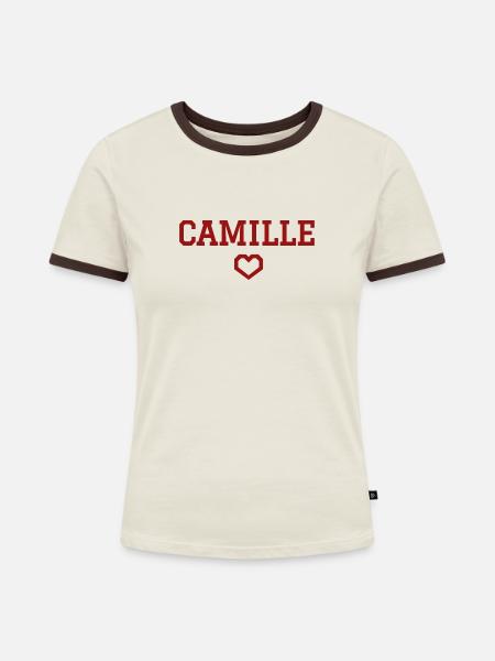 Camille Herz - Frauen Kontrast-T-Shirt - Off-White/Dunkelbraun