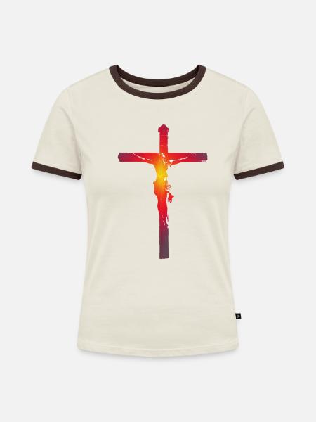 Christus am Kreuz - Frauen Kontrast-T-Shirt - Off-White/Dunkelbraun