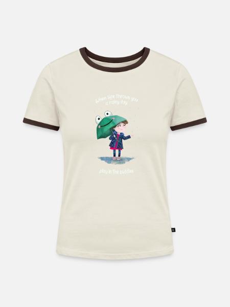Mädchen mit Regenschirm - Frauen Kontrast-T-Shirt - Off-White/Dunkelbraun