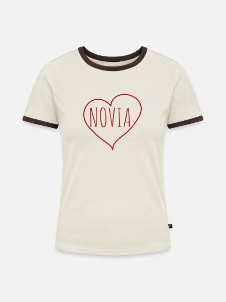 Novia Herz - Frauen Kontrast-T-Shirt - Off-White/Dunkelbraun