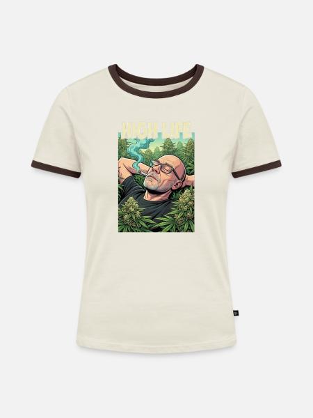 High Life: Entspannter Cannabis-Chill - Frauen Kontrast-T-Shirt - Off-White/Dunkelbraun