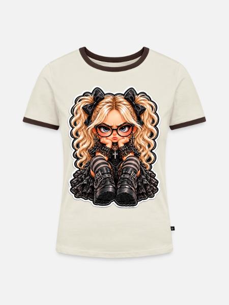 Kawaii Punk-Gothik Mädchen Sticker - Frauen Kontrast-T-Shirt - Off-White/Dunkelbraun