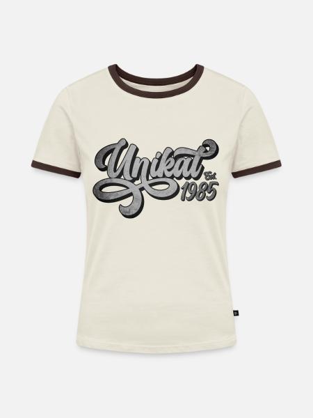 Unikat Est. 1985 - Frauen Kontrast-T-Shirt - Off-White/Dunkelbraun