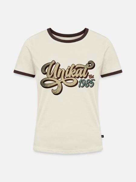 Unikat Est. 1985 - Frauen Kontrast-T-Shirt - Off-White/Dunkelbraun
