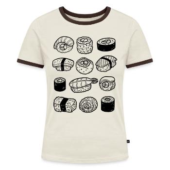 Sushi Line Art - Frauen Kontrast-T-Shirt - Off-White/Dunkelbraun - Vorne - AI Model Female 172 dark (172cm)