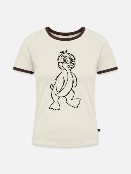 Pinguin-Karikatur - Frauen Kontrast-T-Shirt - Off-White/Dunkelbraun