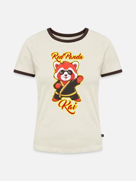 red panda kai - Frauen Kontrast-T-Shirt - Off-White/Dunkelbraun