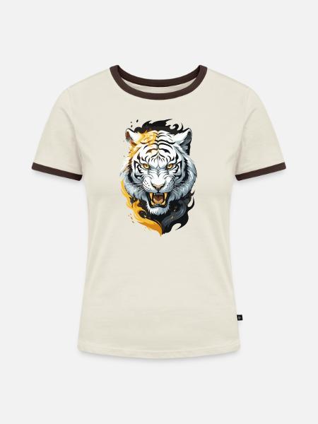 Flammen-Tiger Weißer Krieger - Frauen Kontrast-T-Shirt - Off-White/Dunkelbraun