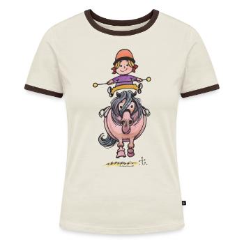 Thelwell Reiterin Balanciert Auf Süßem Pony - Frauen Kontrast-T-Shirt - Off-White/Dunkelbraun - Vorne - AI Model Female 172 dark (172cm)
