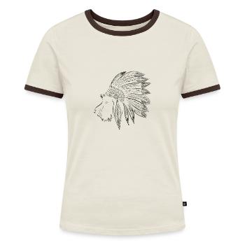 Dackel Indianer von Dackelfieber.de Rauhaardackel - Frauen Kontrast-T-Shirt - Off-White/Dunkelbraun - Vorne - AI Model Female 172 dark (172cm)