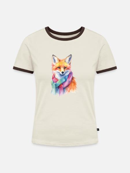 Fuchs mit Schal - Frauen Kontrast-T-Shirt - Off-White/Dunkelbraun