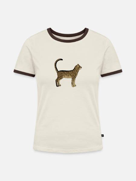 Getigerte Katze steht - Frauen Kontrast-T-Shirt - Off-White/Dunkelbraun