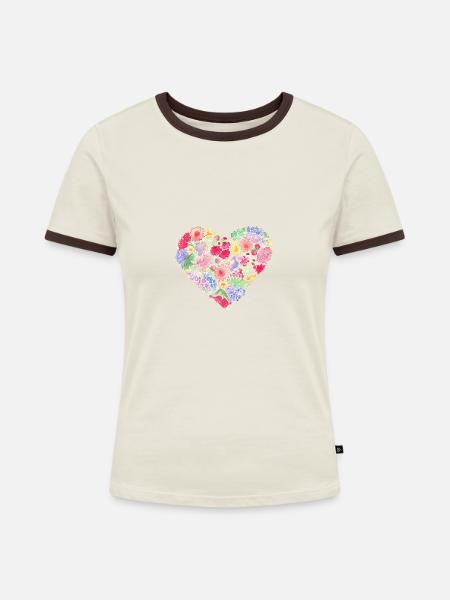 Aquarellmalerei Blumenherz - Frauen Kontrast-T-Shirt - Off-White/Dunkelbraun