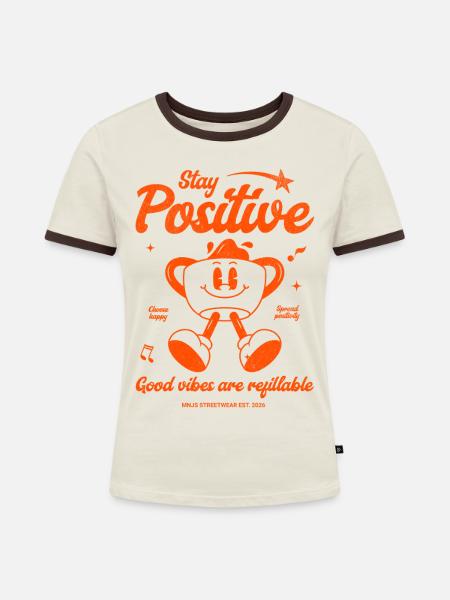 Stay Positive Kaffeebecher Motiv - Frauen Kontrast-T-Shirt - Off-White/Dunkelbraun