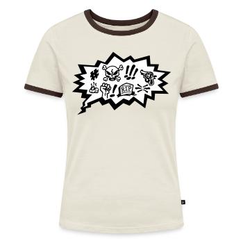 Comic Fluch, Symbol Cartoon Totenkopf, Sprechblase - Frauen Kontrast-T-Shirt - Off-White/Dunkelbraun - Vorne - AI Model Female 172 dark (172cm)