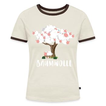 Baumwolle Wortspiel Schaf auf Baum, Schaf - Frauen Kontrast-T-Shirt - Off-White/Dunkelbraun - Vorne - AI Model Female 172 dark (172cm)