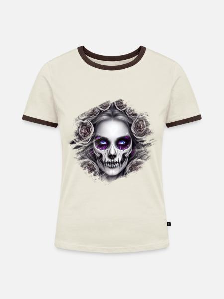 Totenkopf Frau - Fantasy - Frauen Kontrast-T-Shirt - Off-White/Dunkelbraun