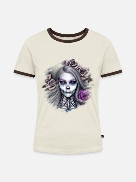 Skelett Frau - Frauen Kontrast-T-Shirt - Off-White/Dunkelbraun