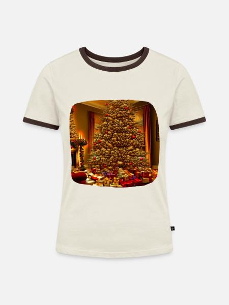 Weihnachtsbaum im Wohnzimmer - Frauen Kontrast-T-Shirt - Off-White/Dunkelbraun