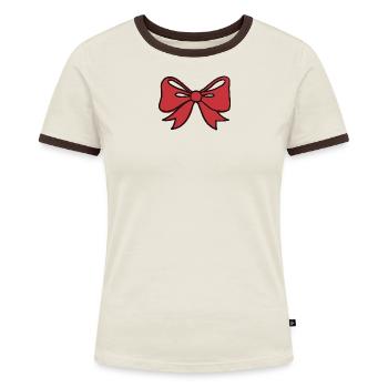 Kleine rote Schleife - Frauen Kontrast-T-Shirt - Off-White/Dunkelbraun - Vorne - AI Model Female 172 dark (172cm)