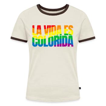 Love Is Colorful - Frauen Kontrast-T-Shirt - Off-White/Dunkelbraun - Vorne - AI Model Female 172 dark (172cm)