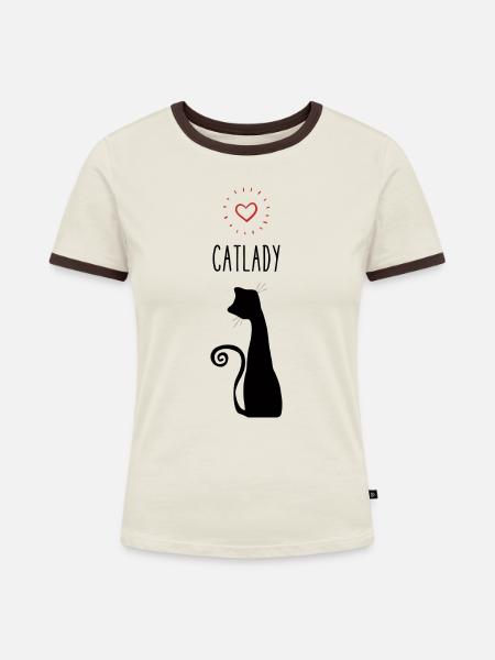 Catlady mit Herz - Frauen Kontrast-T-Shirt - Off-White/Dunkelbraun